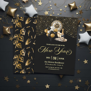 Black and Gold Glitter New Year's Eve Party Invitation