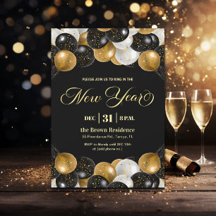 Black and Gold Glitter New Year's Eve Party  Invitation