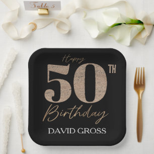 Black and Gold Glitter Numeral 50th Birthday Paper Plates