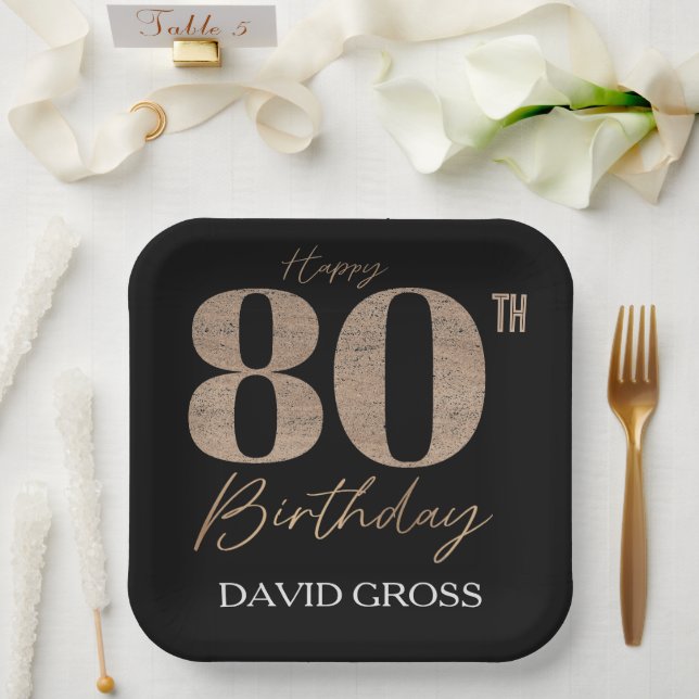 Black and Gold Glitter Numeral 80th Birthday  Paper Plates (Wedding)