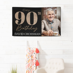 Black and Gold Glitter Numeral 90th Birthday  Banner