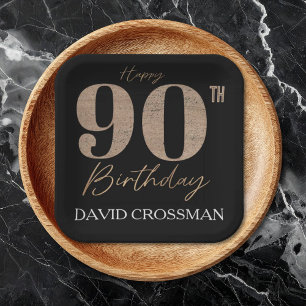 Black and Gold Glitter Numeral 90th Birthday Paper Plates