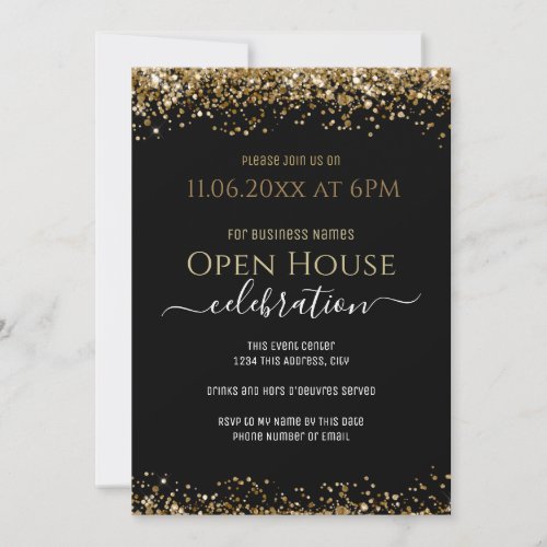 Black and Gold Glitter Open House Business Invitation