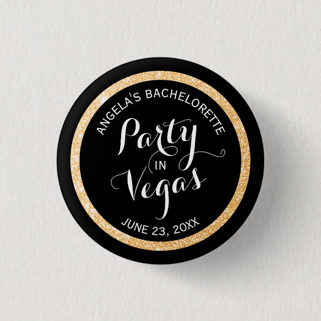 Black and Gold Glitter Party in Vegas Custom Button (Front)