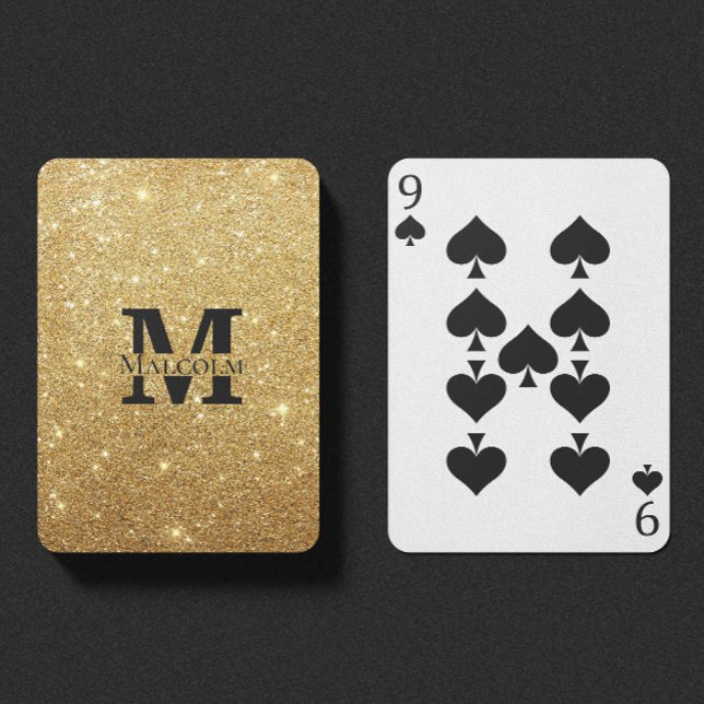 Black and Gold Glitter Personalized Monogram Name Poker Cards (Creator Uploaded)