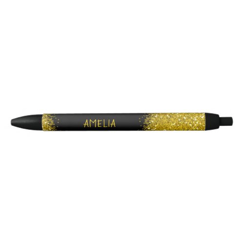 Black And Gold Glitter Personalized Name Black Ink Pen