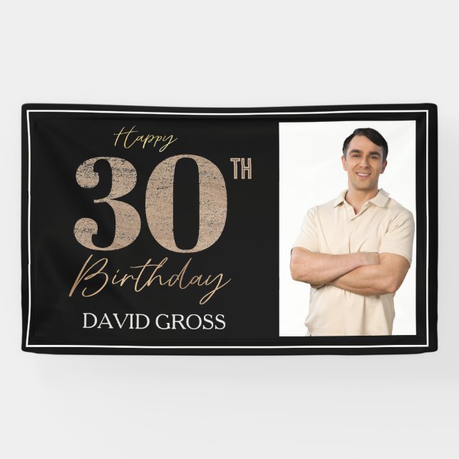 Black and Gold Glitter Photo 30th Birthday  Banner (Horizontal)