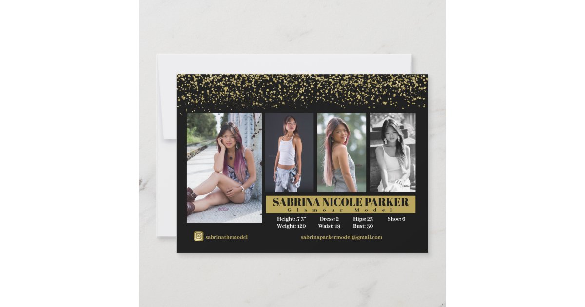 Comp Card Gold Black and Gold Glitter Photo Comp Card | Zazzle