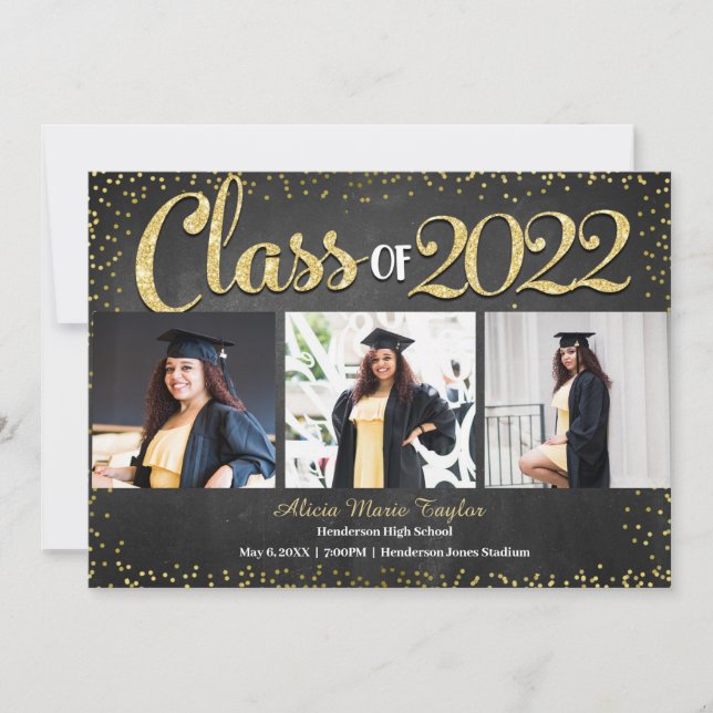 Black and Gold Glitter Photo Graduation  Invitatio Invitation (Front)