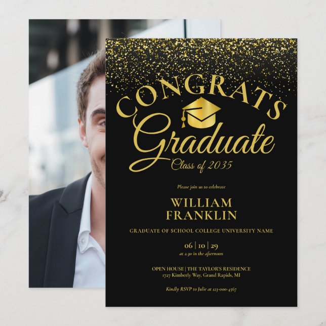 Black And Gold Glitter Photo Graduation Party Invitation (Front/Back)