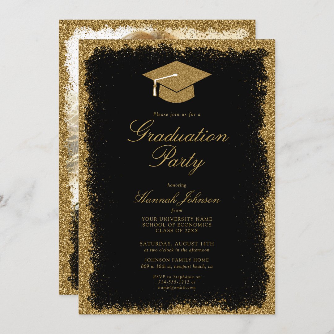 Black and Gold Glitter Photo Graduation Party Invitation | Zazzle