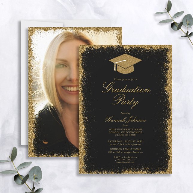 Black and Gold Glitter Photo Graduation Party Invitation (Creator Uploaded)