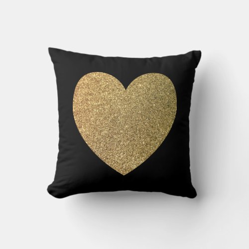 Black and Gold Glitter Photo Heart Throw Pillow