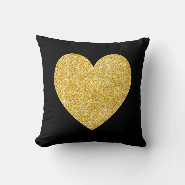 Black and Gold Glitter Photo Heart Throw Pillow (Front)