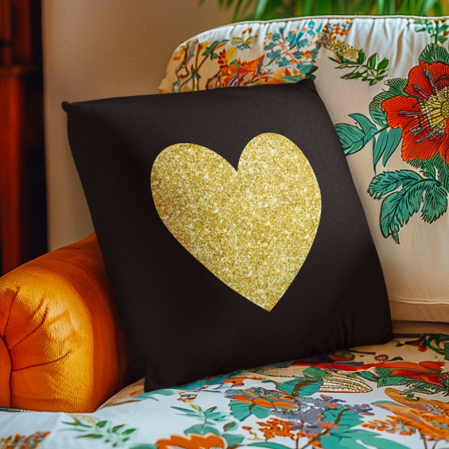 Black and Gold Glitter Photo Heart Throw Pillow (Black and Gold Glitter Photo Heart Throw Pillow)