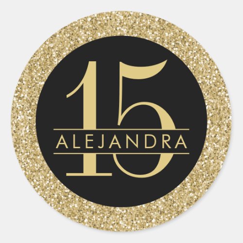 Black and Gold Glitter Quince Aos Sticker Label