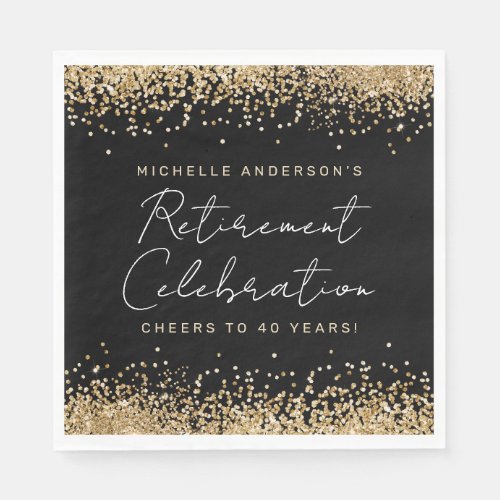 Black and Gold Glitter Retirement Napkins
