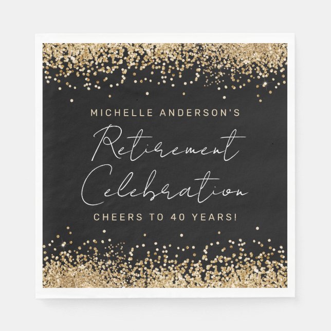 Black and Gold Glitter Retirement Napkins (Front)