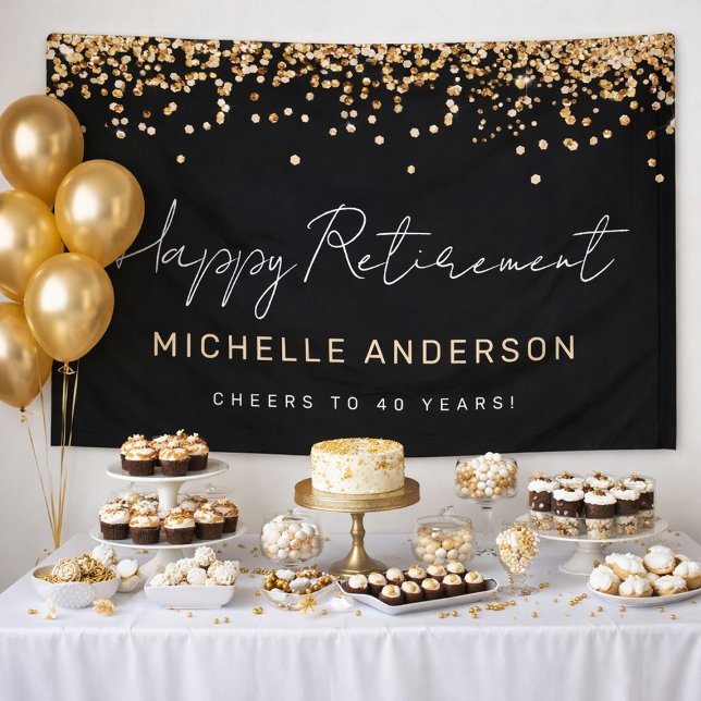 Black and Gold Glitter Retirement Party Banner (Creator Uploaded)