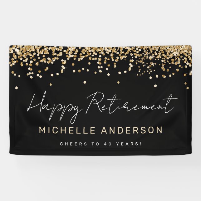 Black and Gold Glitter Retirement Party Banner (Horizontal)