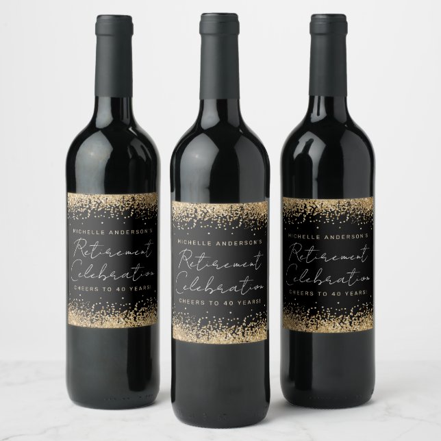 Black and Gold Glitter Retirement Wine Labels (Bottles)