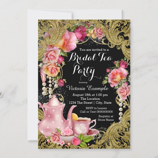 Black and Gold Glitter Rose Tea Party Invitation (Front)