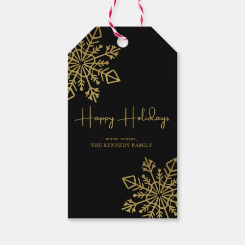 Black And Gold Glitter Snowflake Happy Holidays Gift Tags