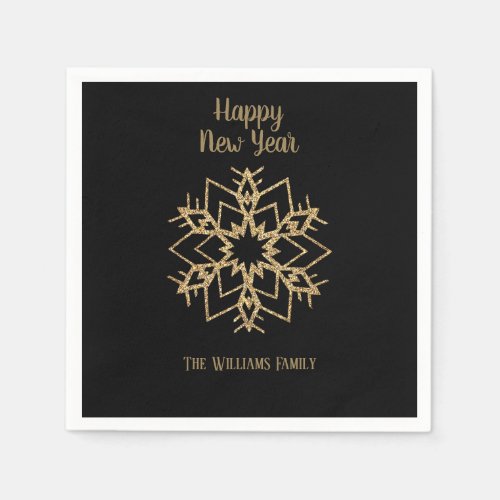 Black and Gold Glitter Snowflake Happy New Year Napkins