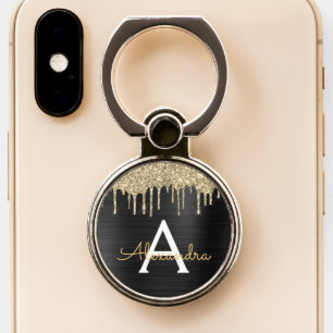 Black and Gold Glitter Sparkle Monogram Phone Ring Stand