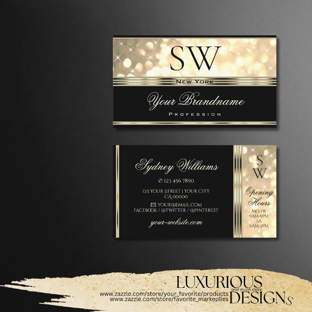 Black and Gold Glitter Sparkle Stars with Monogram Business Card (Creator Uploaded)