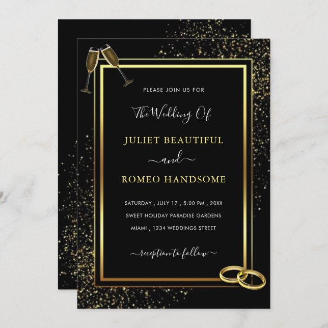 Black and Gold Glitter Sparkle Wedding Invitation (Front/Back)