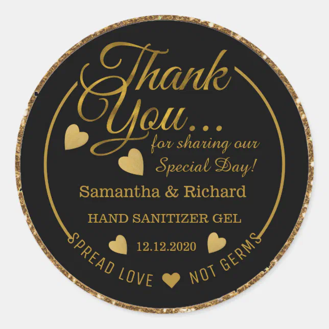 Black And Gold Glitter Spread Love Thank You Classic Round Sticker | Zazzle
