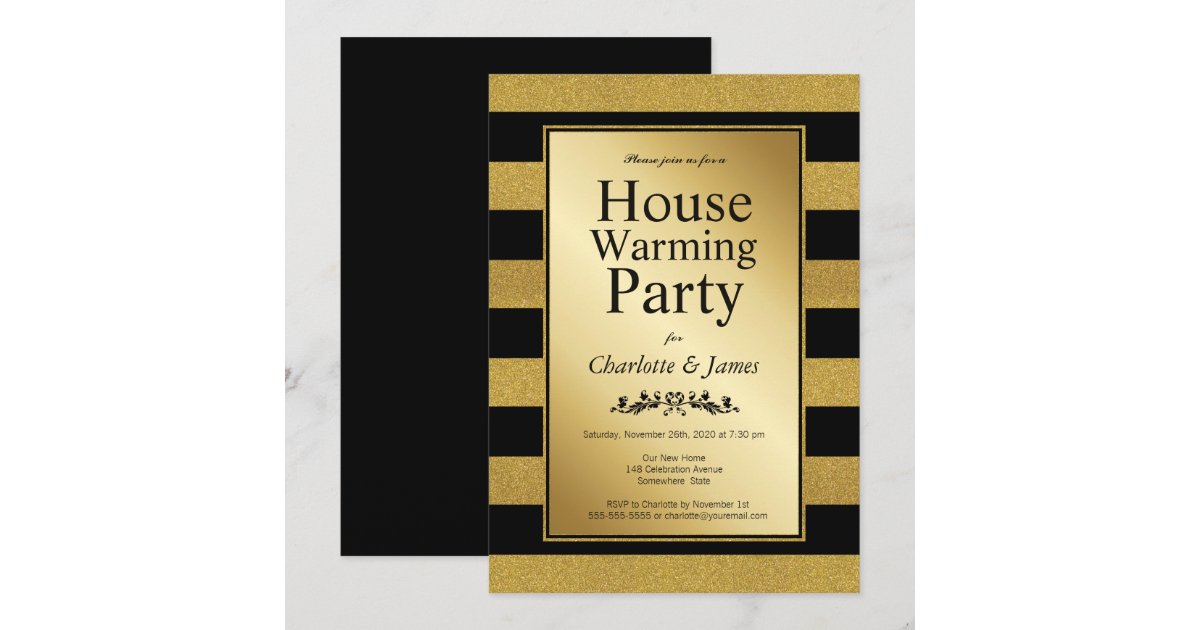 Black and Gold Glitter Striped Housewarming Party Invitation | Zazzle