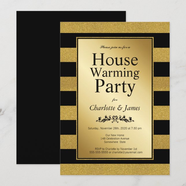 Black and Gold Glitter Striped Housewarming Party Invitation (Front/Back)