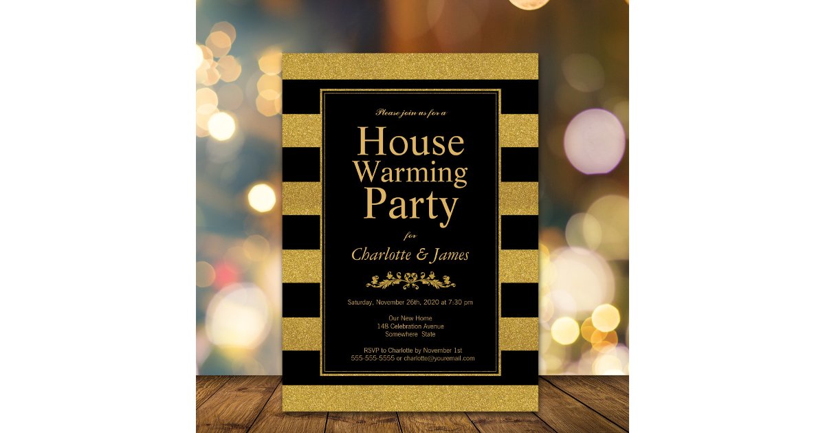 Black and Gold Glitter Striped Housewarming Party Invitation | Zazzle
