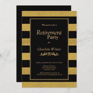 Black and Gold Glitter Striped Retirement Party Invitation