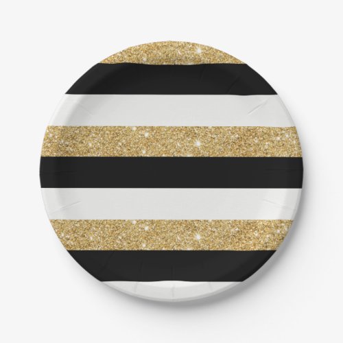 Black and Gold Glitter Stripes Paper Plates