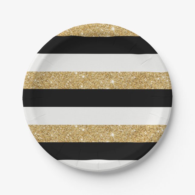 Black and Gold Glitter Stripes Paper Plates (Front)