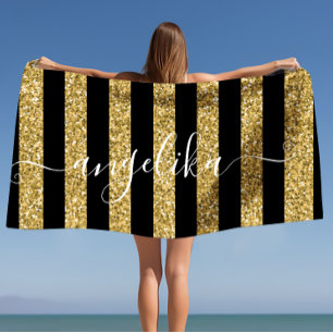 Black and Gold Glitter Stripes Script Custom Name Beach Towel