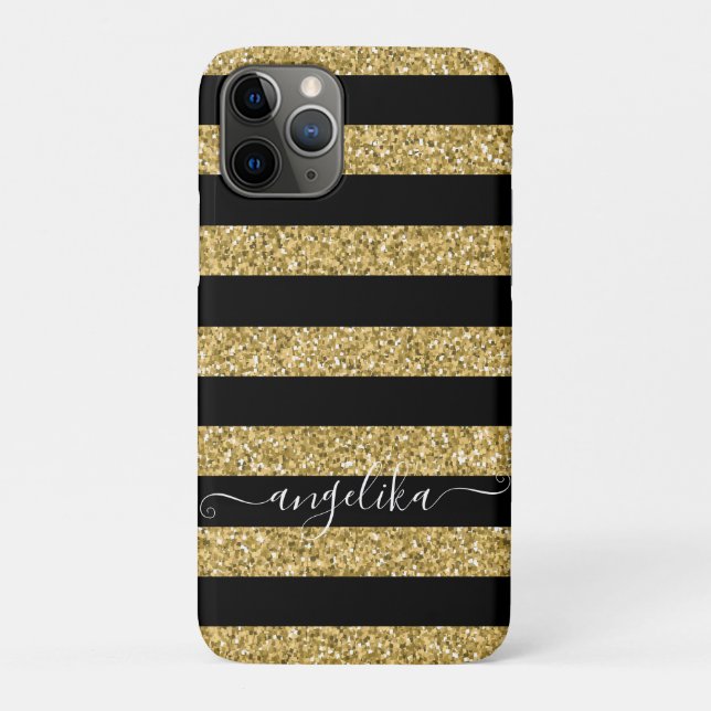 Black and Gold Glitter Stripes Script Custom Name Case-Mate iPhone Case (Back)