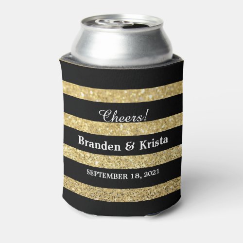 Black and Gold Glitter Stripes  Wedding Can Cooler