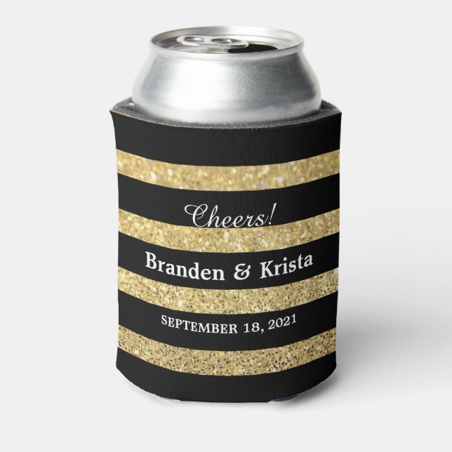 Black and Gold Glitter Stripes | Wedding Can Cooler (Can Back)