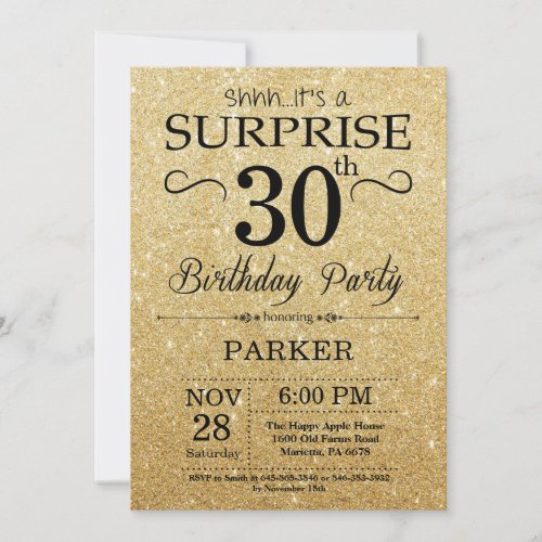 Black and Gold Glitter Surprise 30th Birthday
