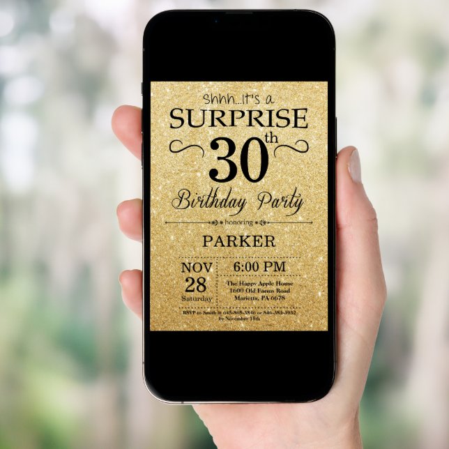 Black and Gold Glitter Surprise 30th Birthday Invitation (Front Digital)