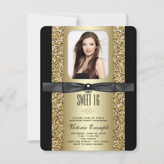 Black and Gold Glitter Sweet 16 Party Invitation (Front)