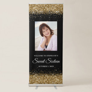 Black and Gold Glitter Sweet Sixteen Welcome Retractable Banner