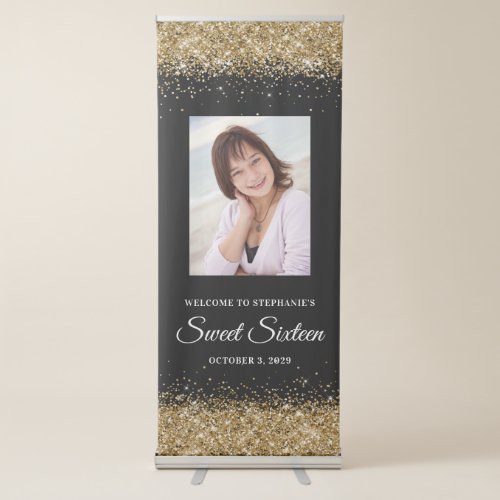 Black and Gold Glitter Sweet Sixteen Welcome Retractable Banner