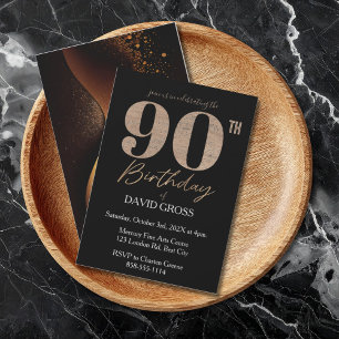 Black and Gold Glitter Swirl 90th Birthday  Invitation