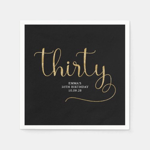 Black and Gold Glitter Thirty Typography Birthday Napkins