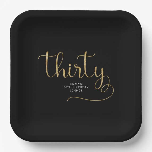 Black and Gold Glitter Thirty Typography Birthday Paper Plates (Front)